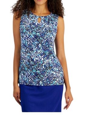 Kasper Printed Pleated Keyhole Neck Sleeveless Summer Blouse Top Shell NEW Large
